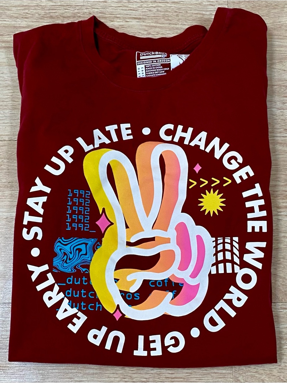 Dutch Bros T-Shirt Men’s L Maroon CHANGE THE WORLD Short Sleeve Cotton Tee Shirt